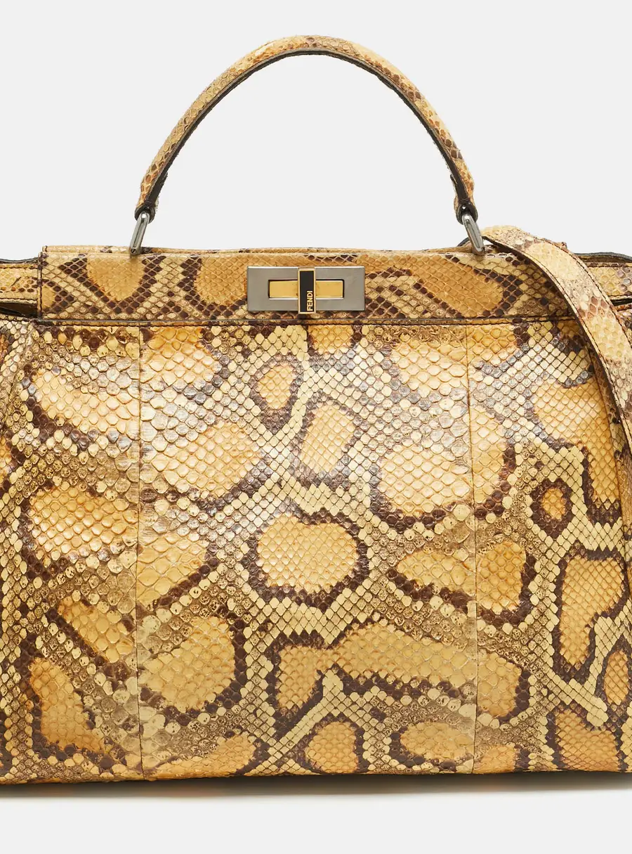 Fendi Peekaboo Large Mustard/Brown Python Top Handle Bag