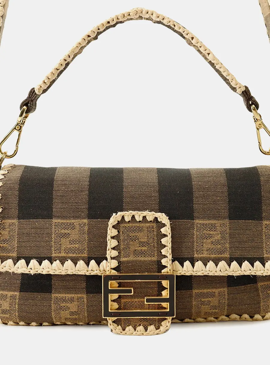 Fendi Baguette Beige Brown Raffia Canvas Shoulder Bag