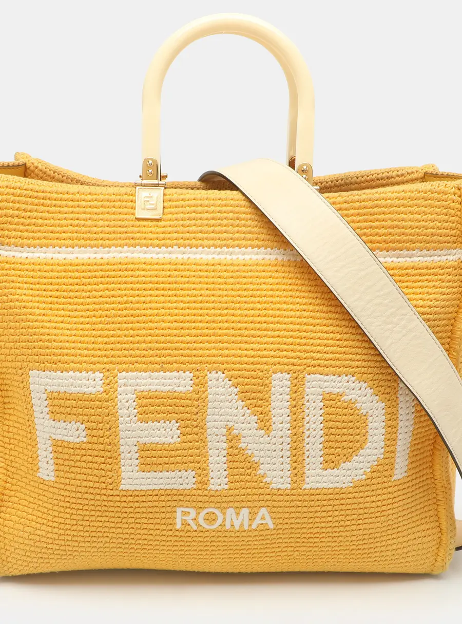 Fendi Sunshine Medium Yellow/White Crochet and Leather Tote
