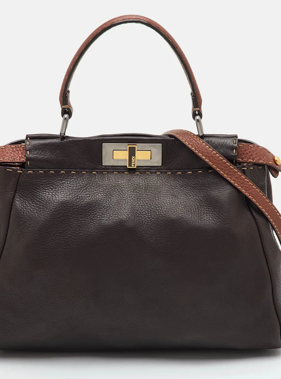 Fendi Selleria Peekaboo Medium Dark Brown Leather Top Handle Bag
