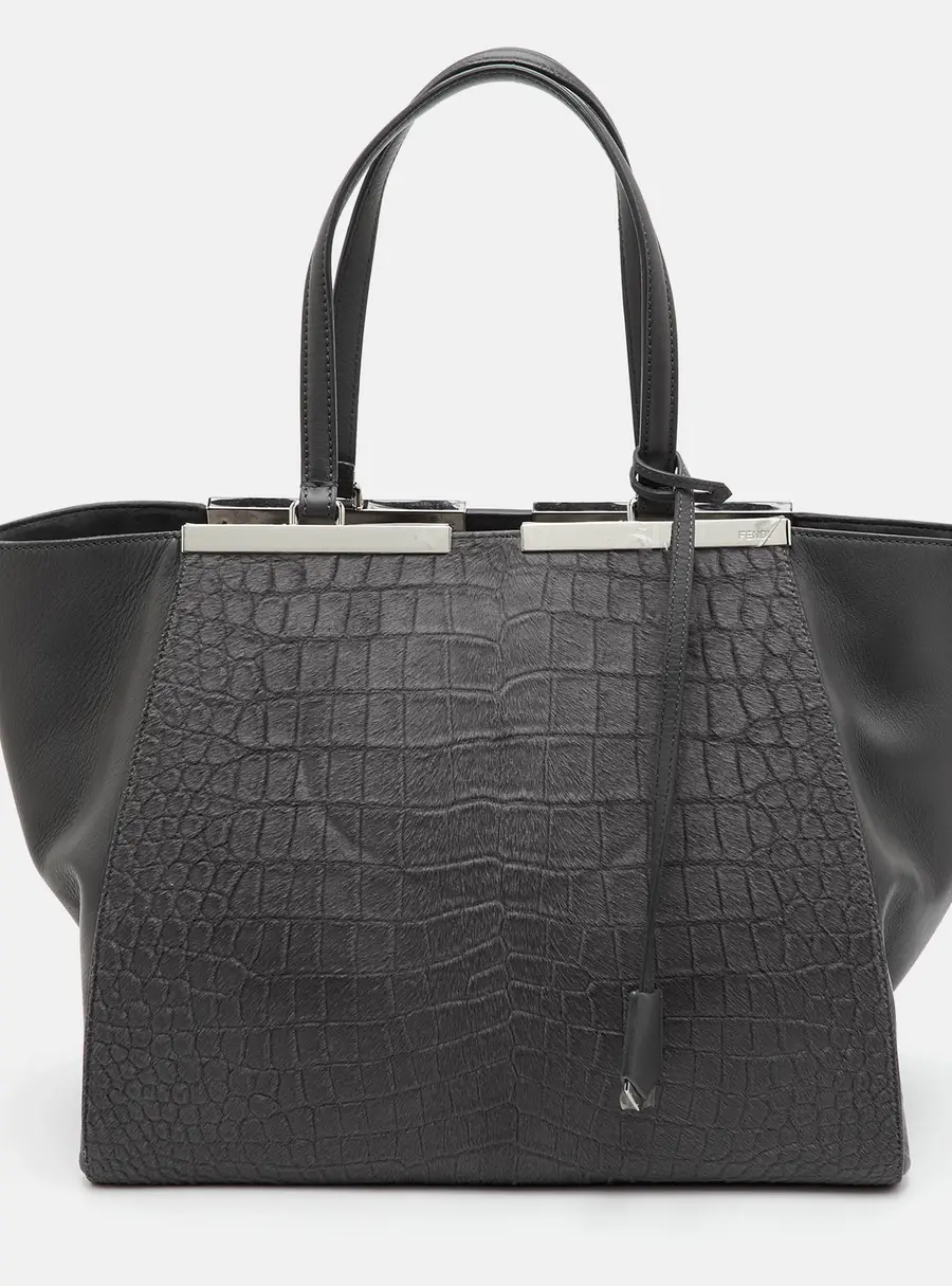 Fendi 3Jours Large Grey Croc Embossed Calf Hair and Leather Tote