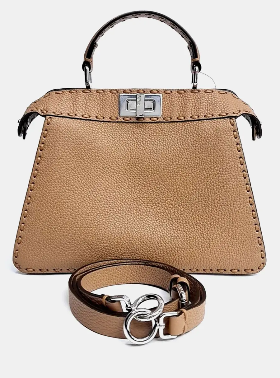 Fendi Selleria Peekaboo I See U Small Beige Grained Leather Top Handle Bag