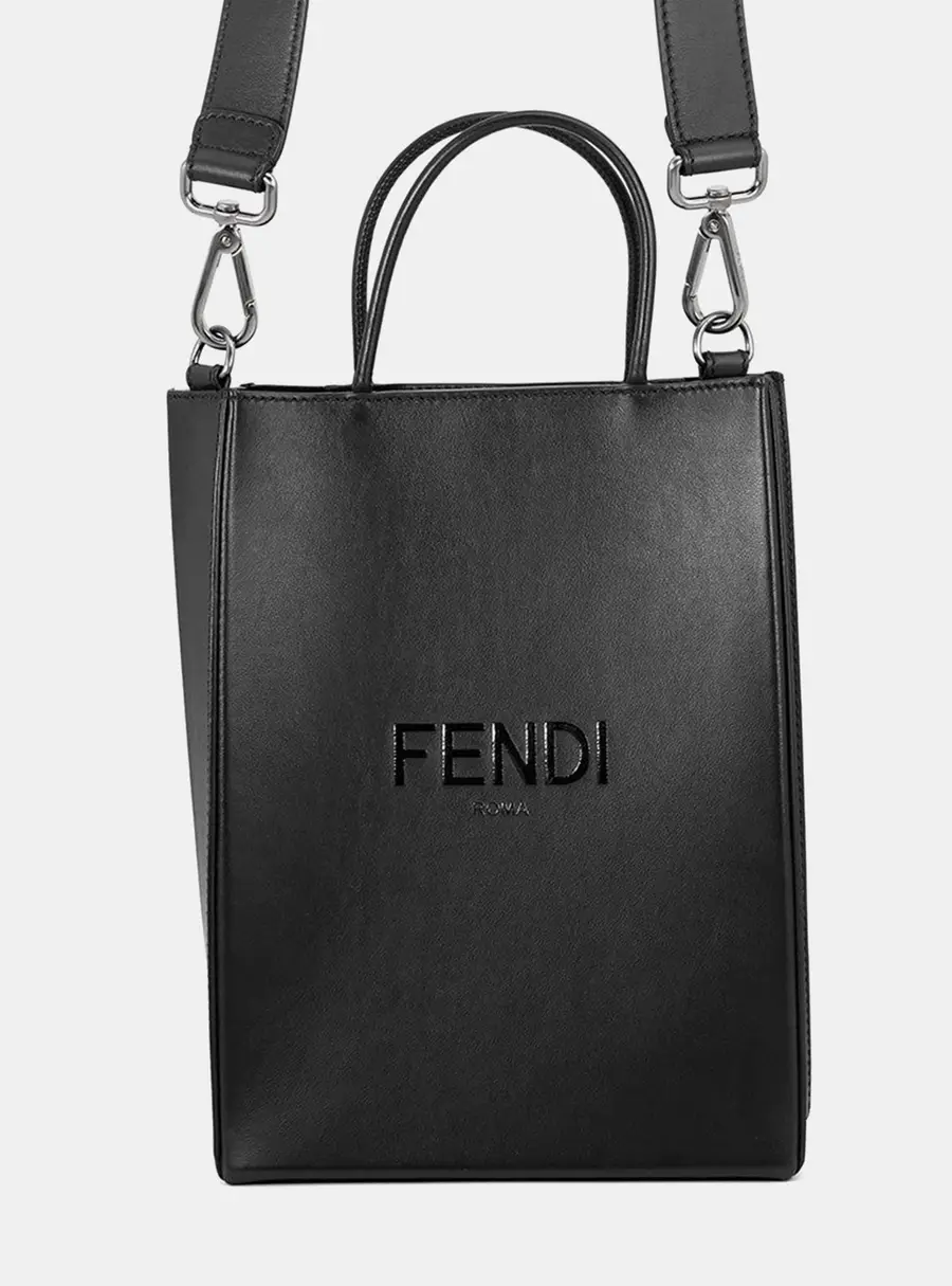 Fendi Shopping Tote Small Black Leather Top Handle Bag
