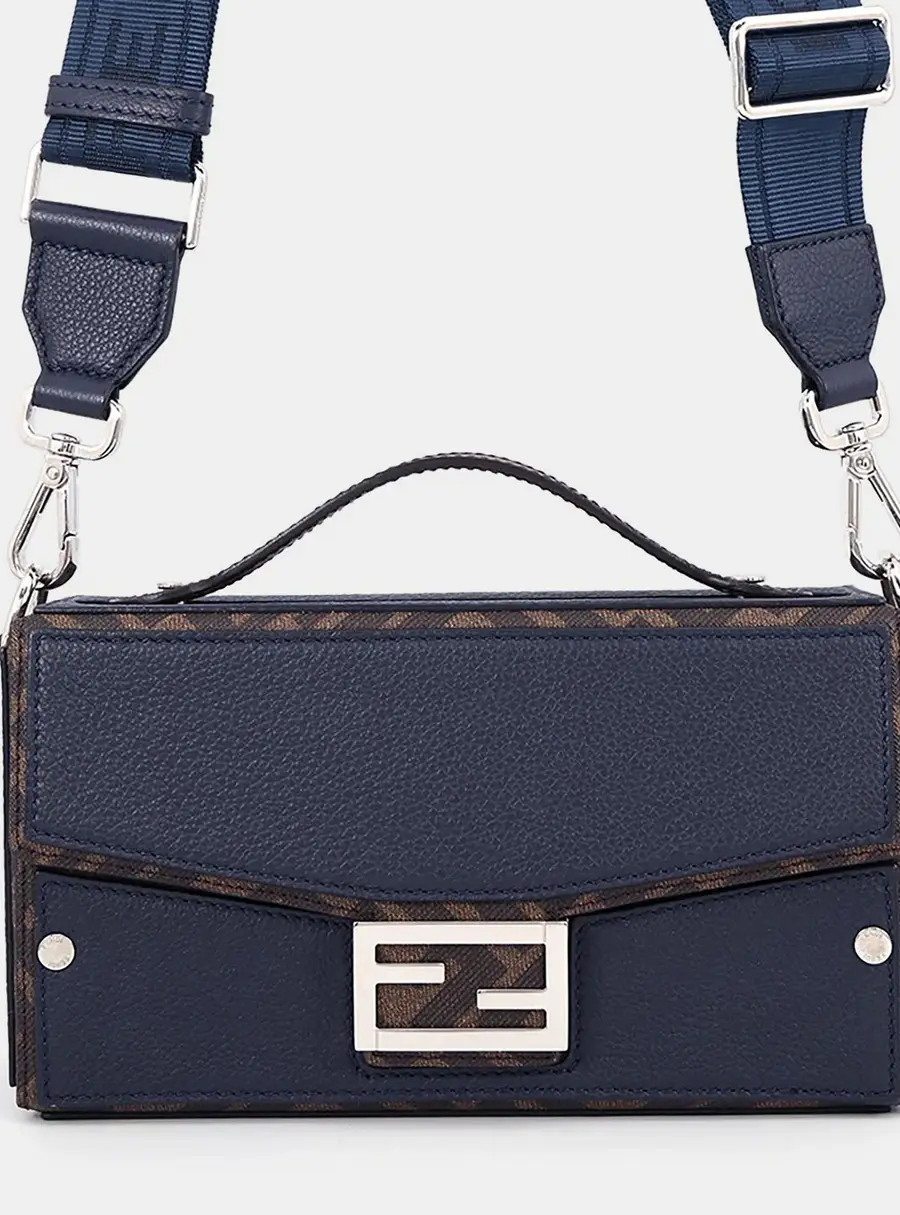 Fendi Baguette Soft Trunk Navy Blue Monogram Canvas Grained Leather Shoulder Bag