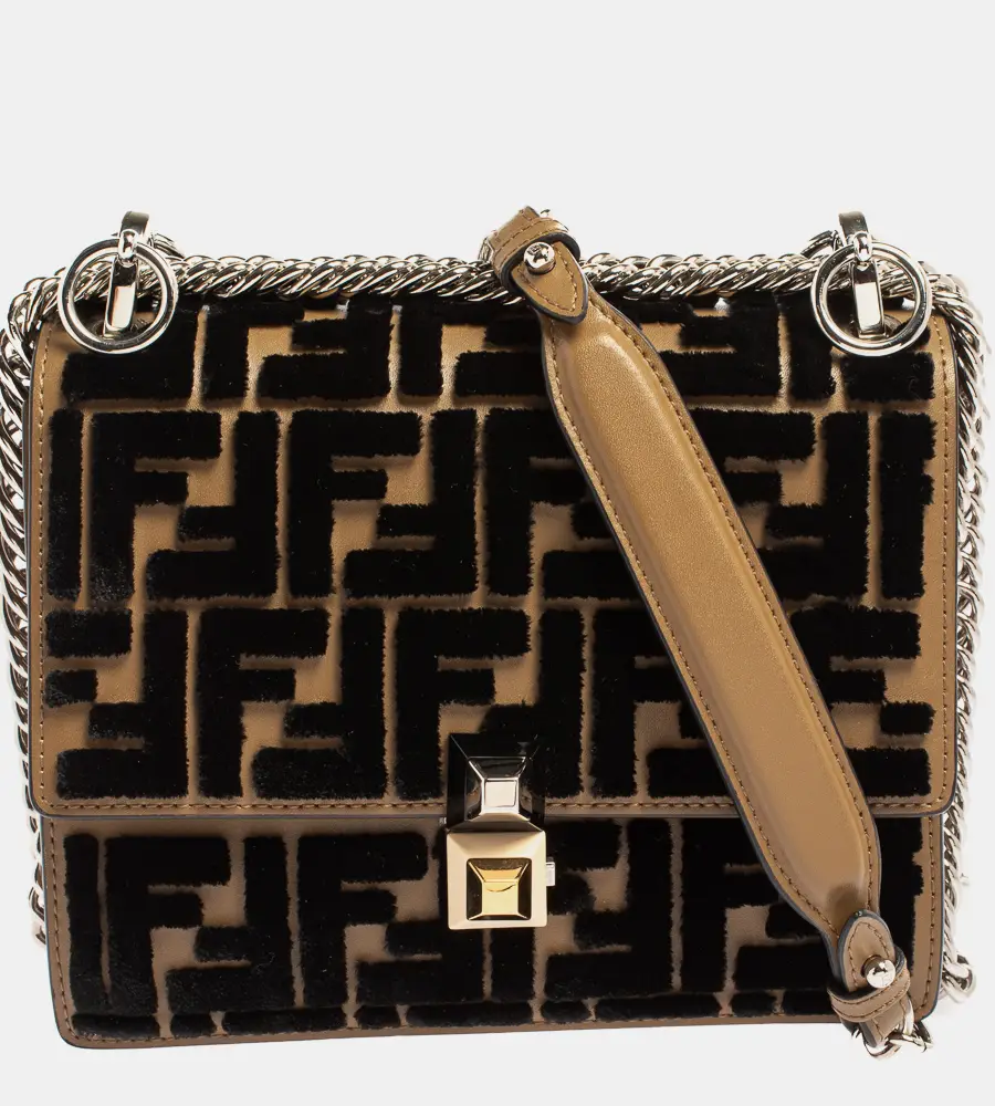Fendi Black/Brown Leather and Velvet Small Kan I Chain Shoulder Bag