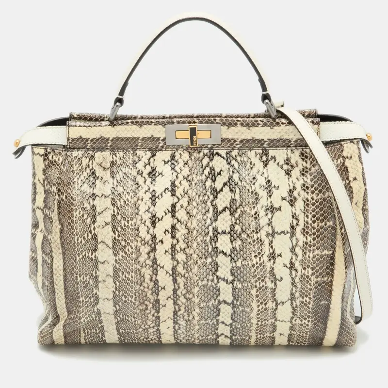 Fendi Beige/Black Python Leather Large Peekaboo Top Handle Bag
