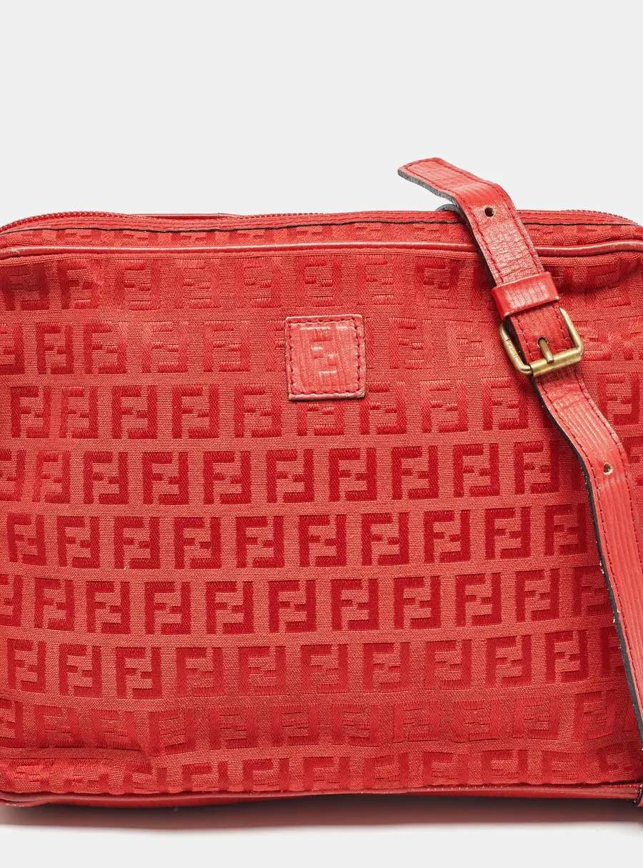 Fendi Red Zucchino Canvas and Leather Crossbody Bag