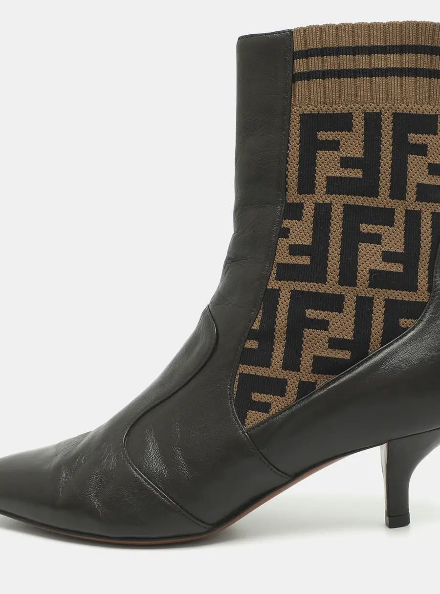 Fendi Rockoko Size 37 Brown FF Knit Fabric and Leather Ankle Length Boots