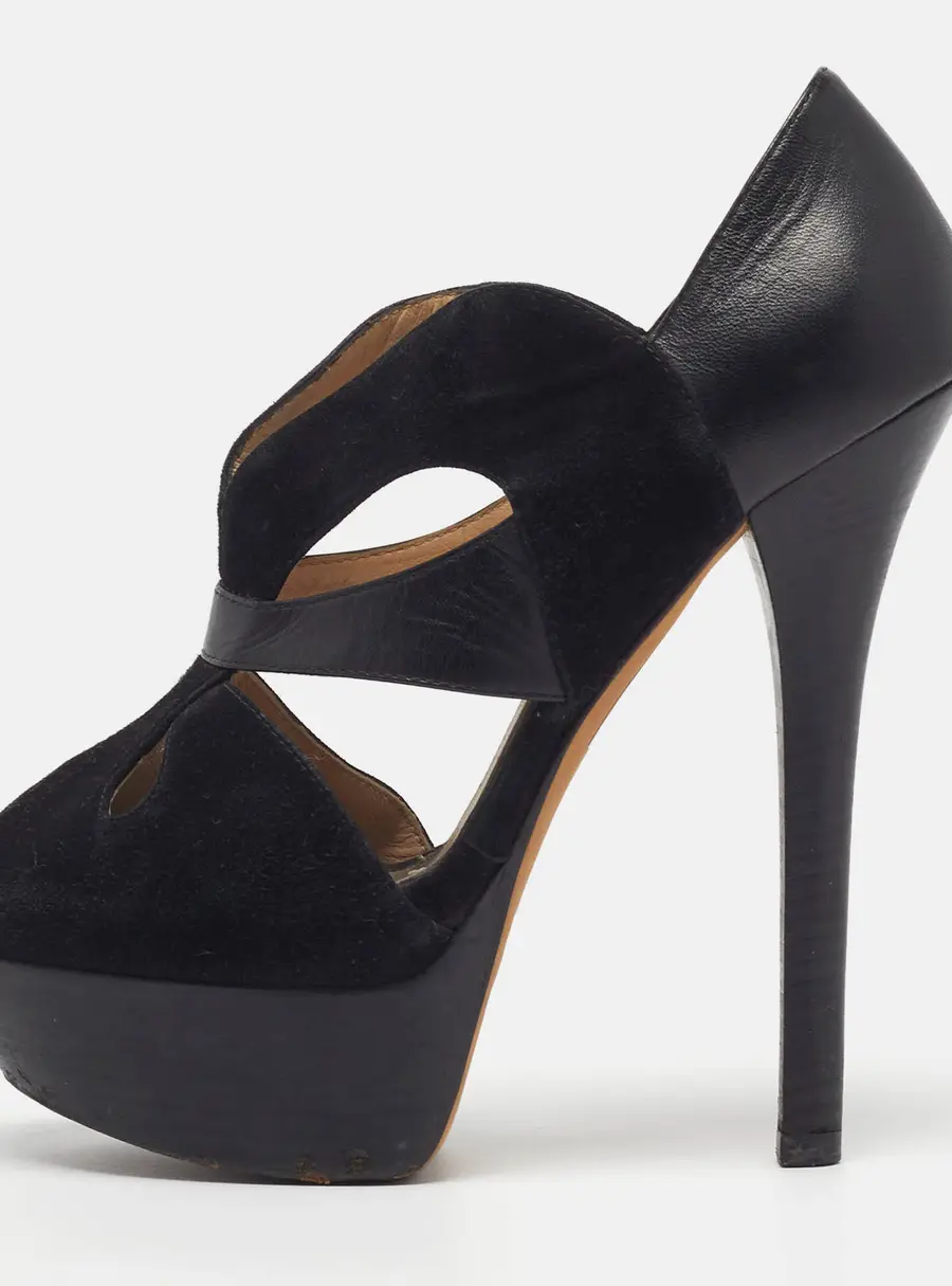 Fendi Size 36 Black Cutout Leather and Suede Platform Pumps