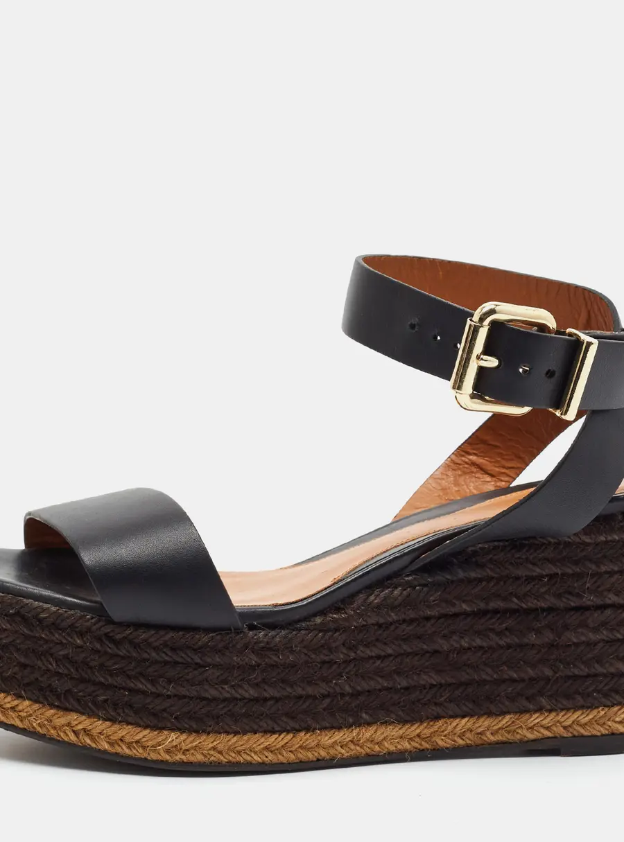 Fendi Size 37 Black Leather Wedge Ankle Strap Sandals
