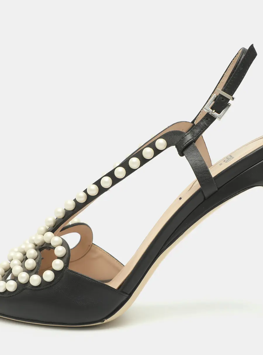 Fendi Size 39 Black Faux Pearl Embellished and Leather Slingback Sandals