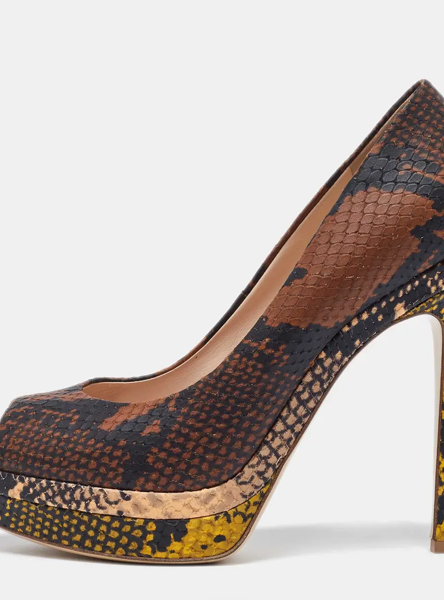 Fendi Multicolor Python Embossed Leather Peep Toe Platform Pumps Size 40