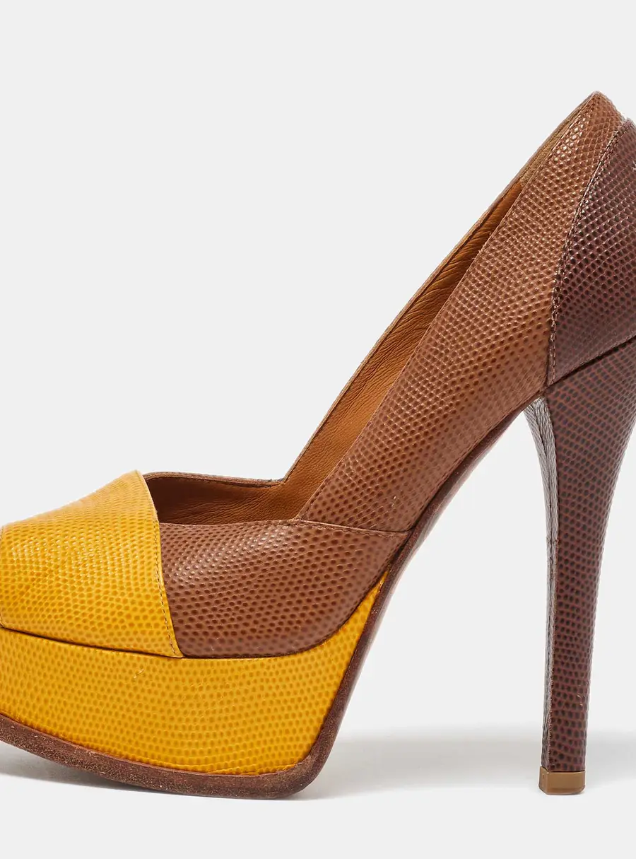 Fendi Tri Color Fendista Colorblock Lizard-Embossed Leather Peep Toe Platform Pumps Size 36