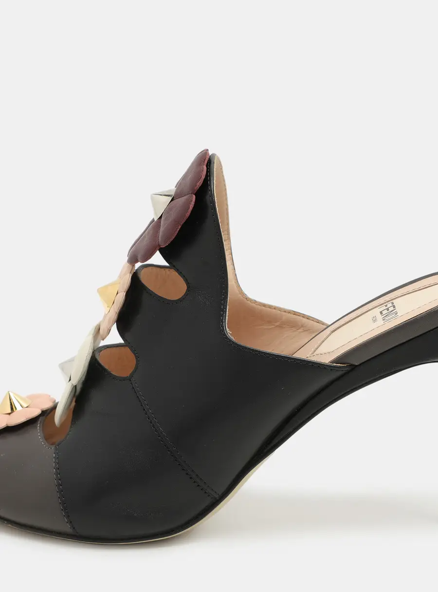 Fendi Black/Grey Leather Flowerland Slide Sandals Size 36