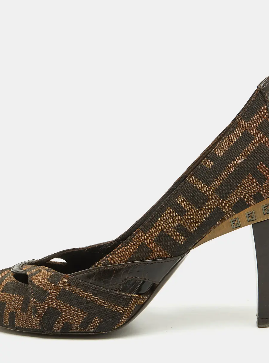Fendi Tobacco Zucca Canvas and Leather Peep Toe Pumps Size 38