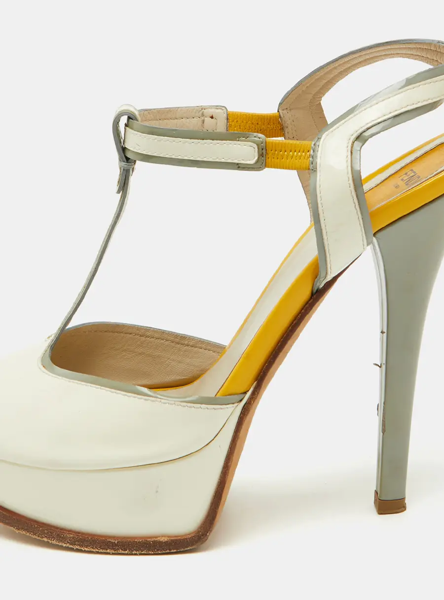 Fendi Tri Color Patent Leather T- Strap Fendista Platform Sandals Size 40