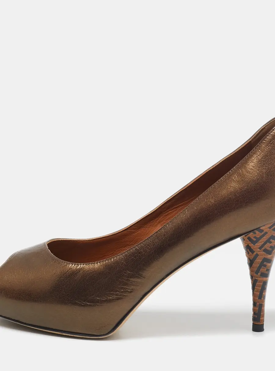 Fendi Bronze Leather Zucca Print Heel Peep Toe Pumps Size 40