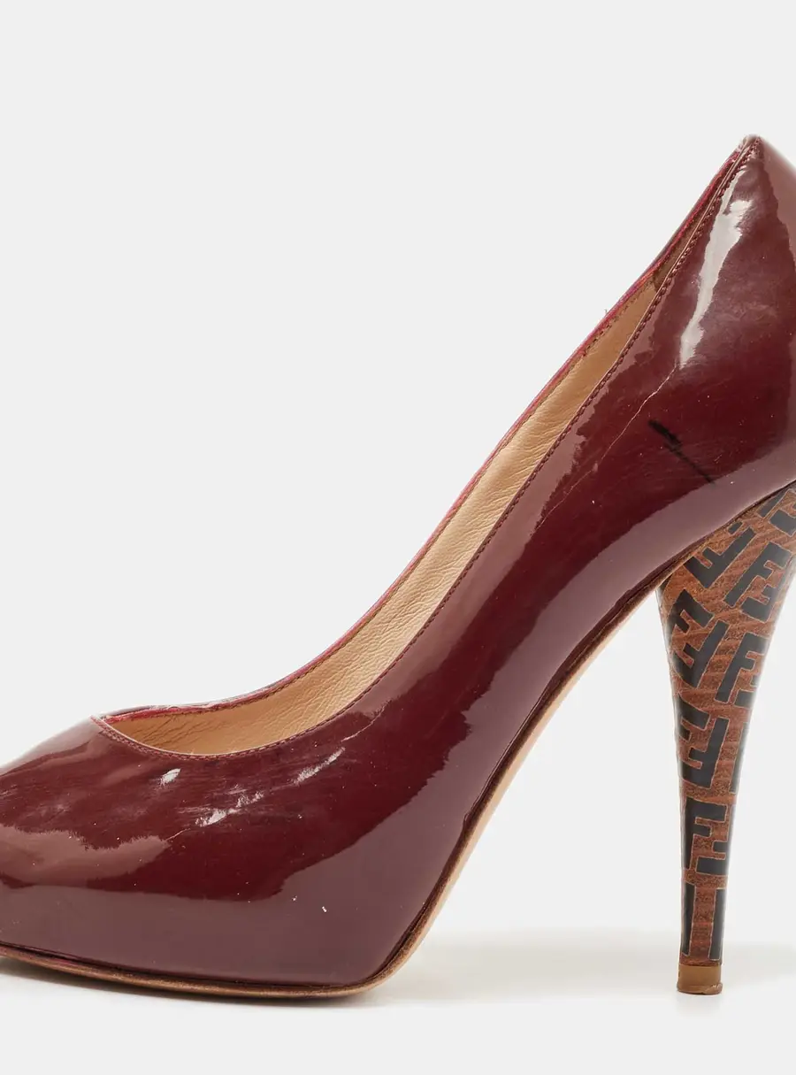 Fendi Burgundy Patent Leather Peep Toe Platform Pumps Size 35