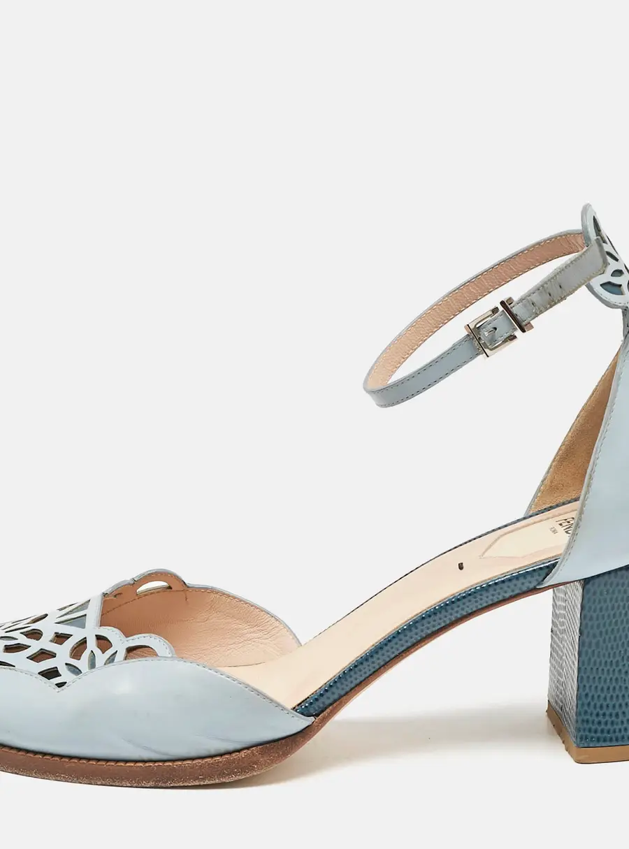 Fendi Two Tone Blue Leather Cut Out Ankle Strap Sandals Size 41