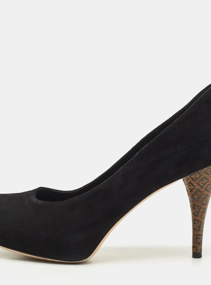 Fendi Black Suede Platform Logo Heel Pumps Size 38