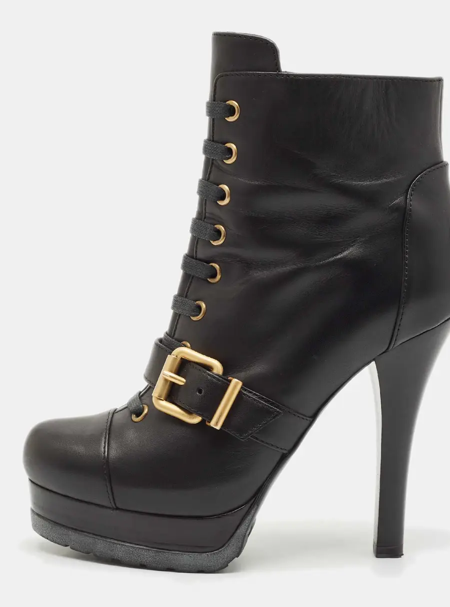 Fendi Black Leather Lace Up Ankle Length Boots Size 36