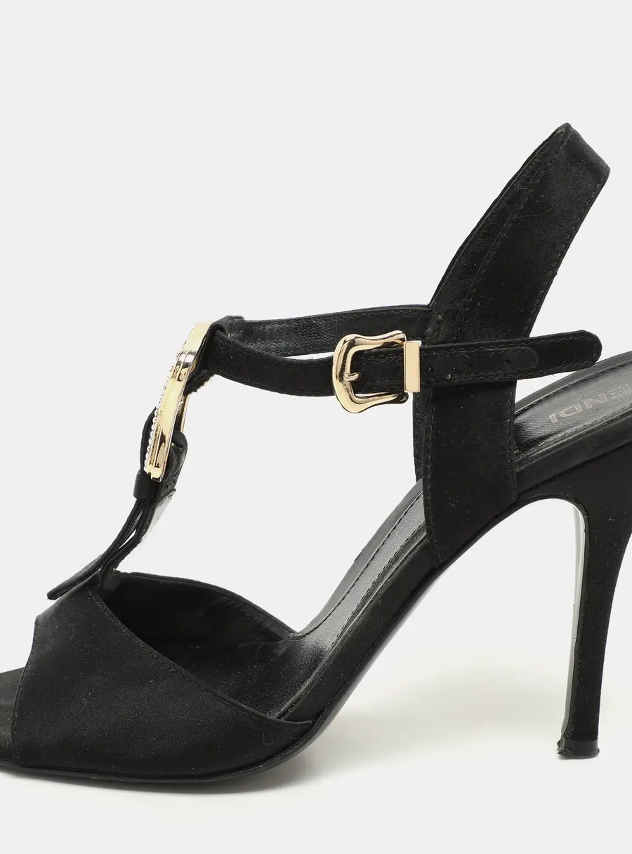 Fendi Black Satin Crystal Embellished Buckle T-Strap Sandals Size 37.5