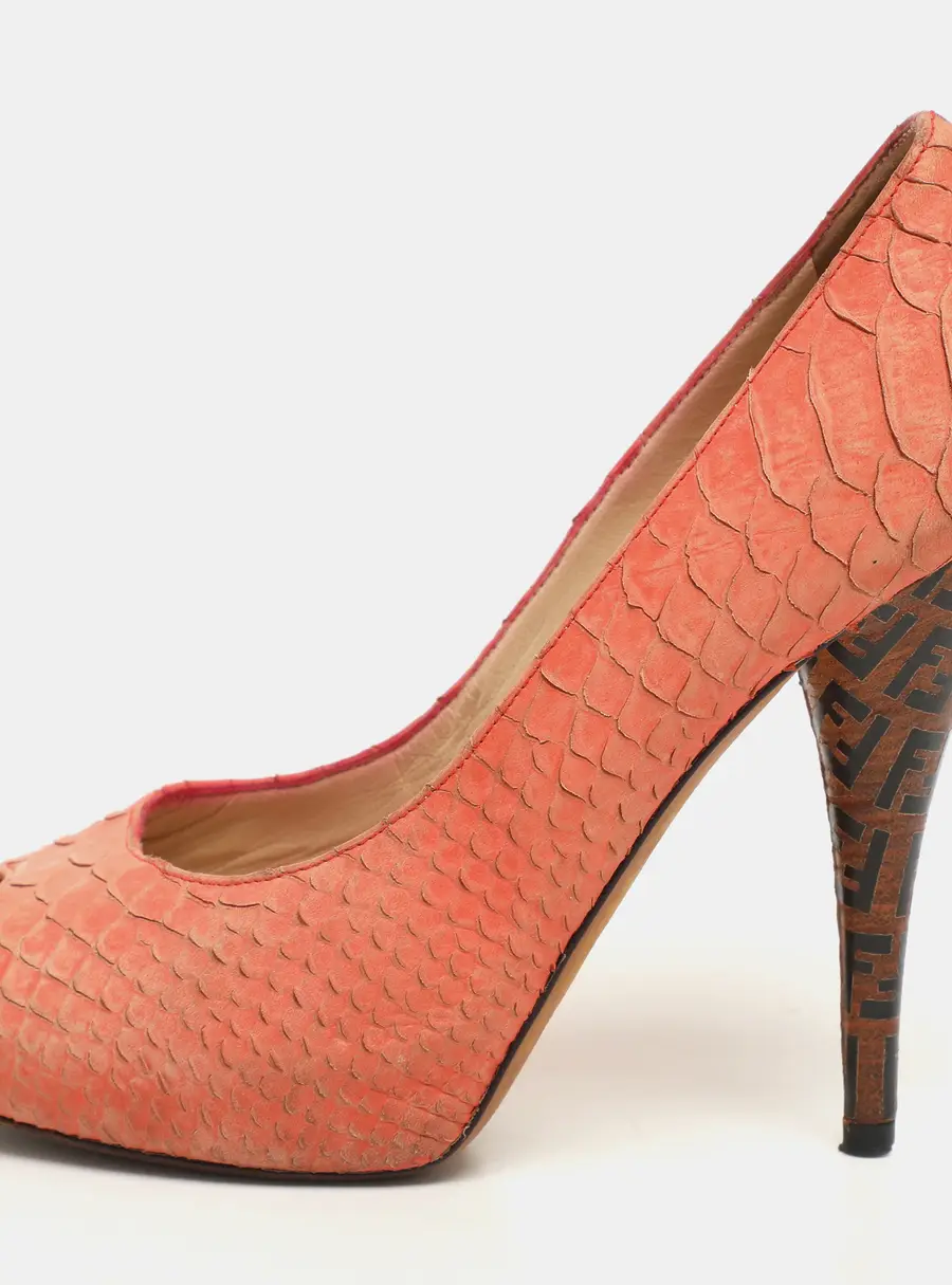 Fendi Orange Python Embossed Leather Peep Toe Platform Pumps Size 36