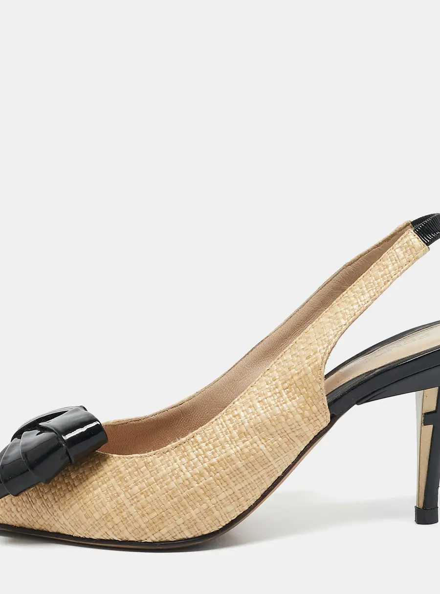 Fendi Beige/Black Woven Raffia and Patent Leather Bow Slingback Pumps Size 36.5