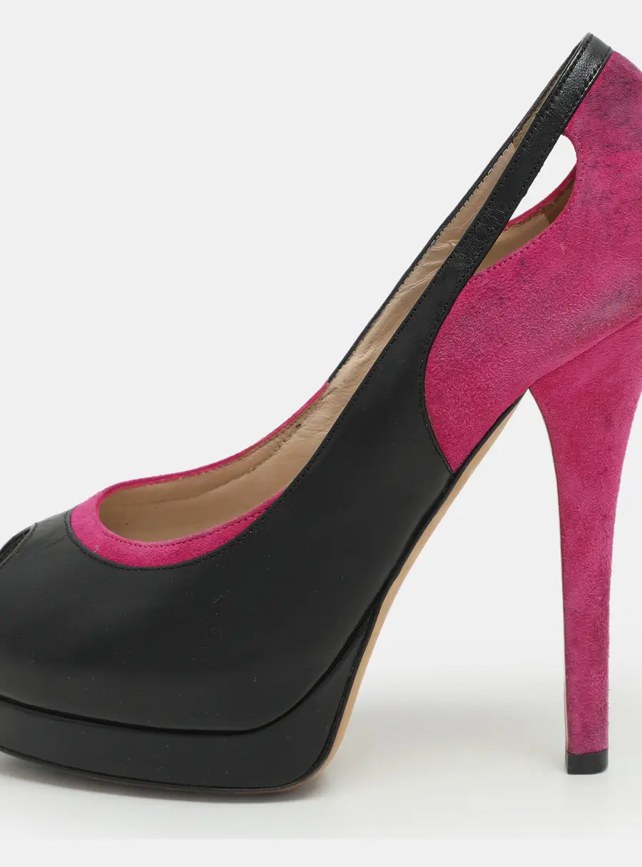 Fendi Pink/Black Suede and Leather Cutout Peep Toe Platform Pumps Size 38