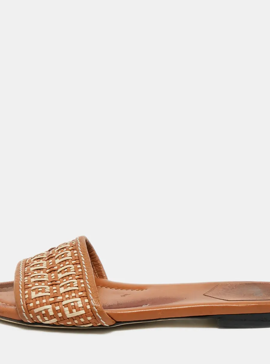 Fendi Brown/White Leather and Woven Leather FF Flat Sandals Size 39