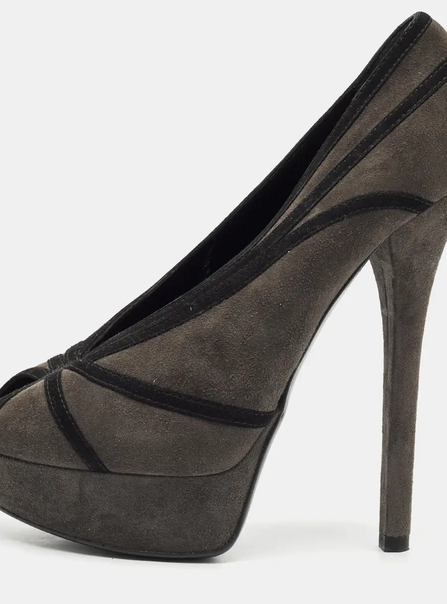 Fendi Dark Grey Suede Peep Toe Platform Pumps Size 39