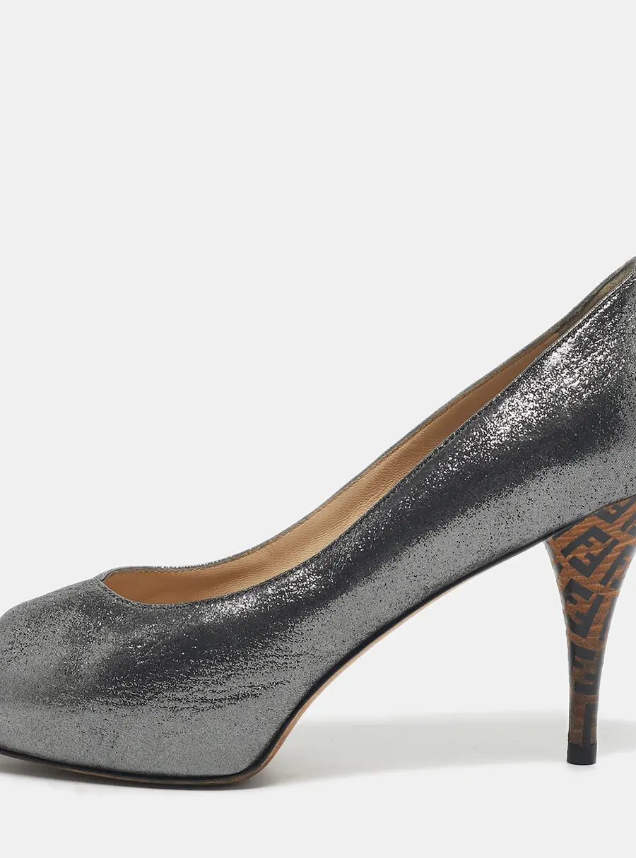 Fendi Silver Texture Suede Peep Toe Platform Pumps Size 38.5