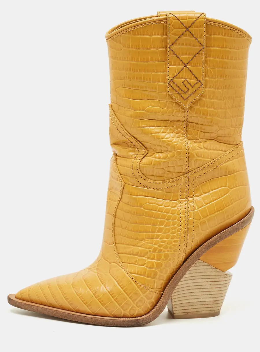 Fendi Yellow Croc Embossed Leather Cowboy Mid Calf Boots Size 35