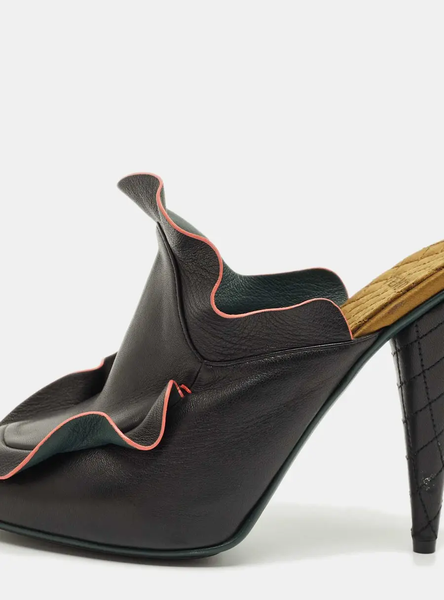 Fendi Black Ruffled Leather Mules Size 38