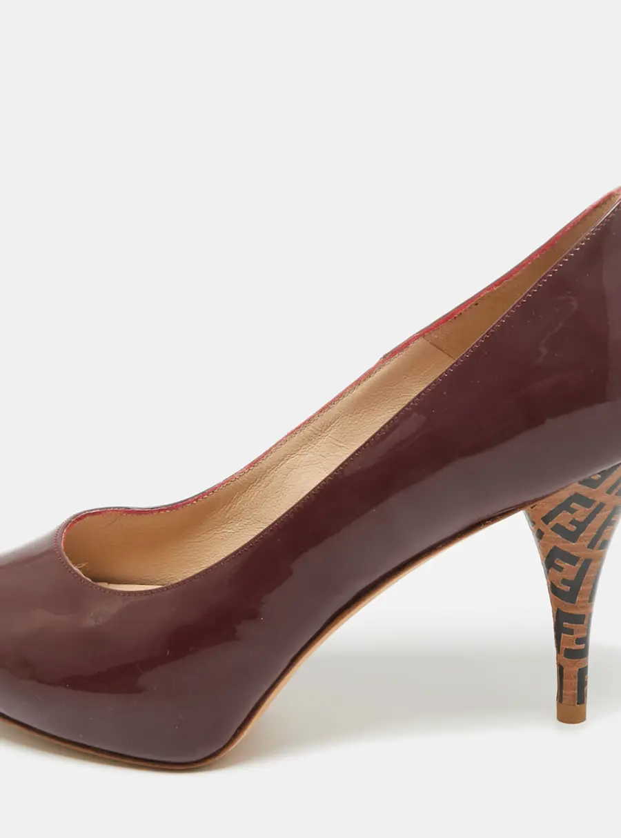 Fendi Burgundy Patent Leather Zucca Print Heel Peep Toe Platform Pumps Size 36