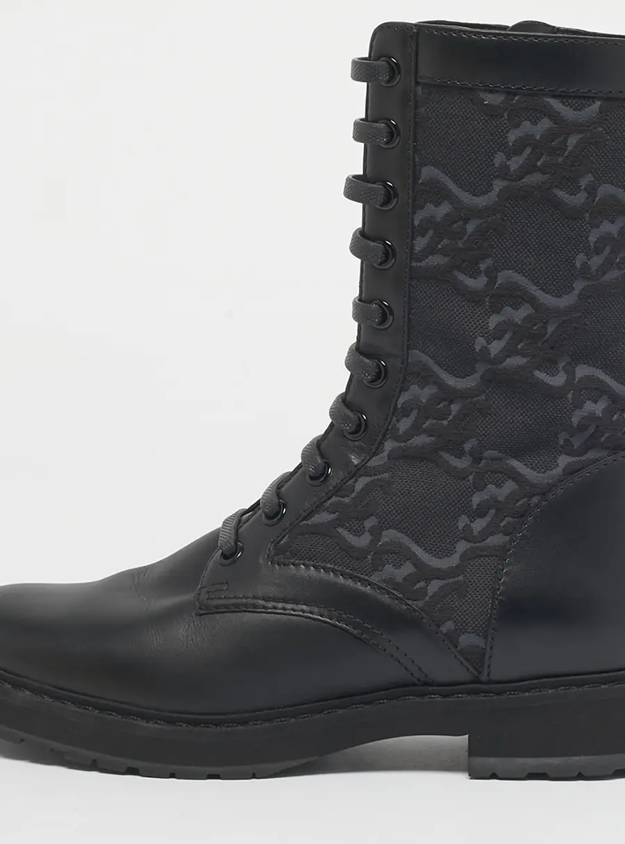 Fendi Black Karligraphy Jacquard and Leather Combat Boots Size 37