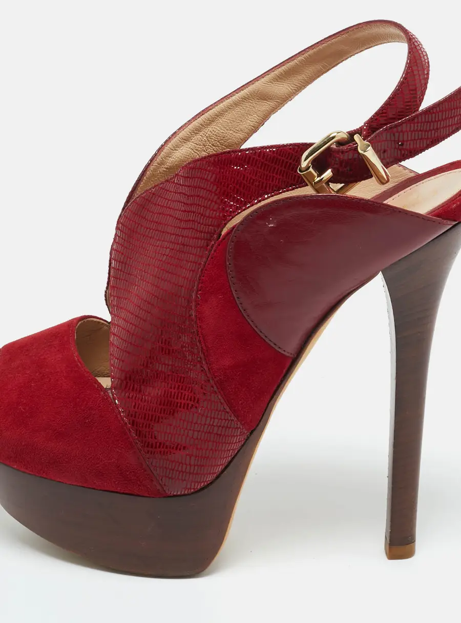 Fendi Red Leather and Lizard Embossed Leather Slingback Platform Sandals Size 37