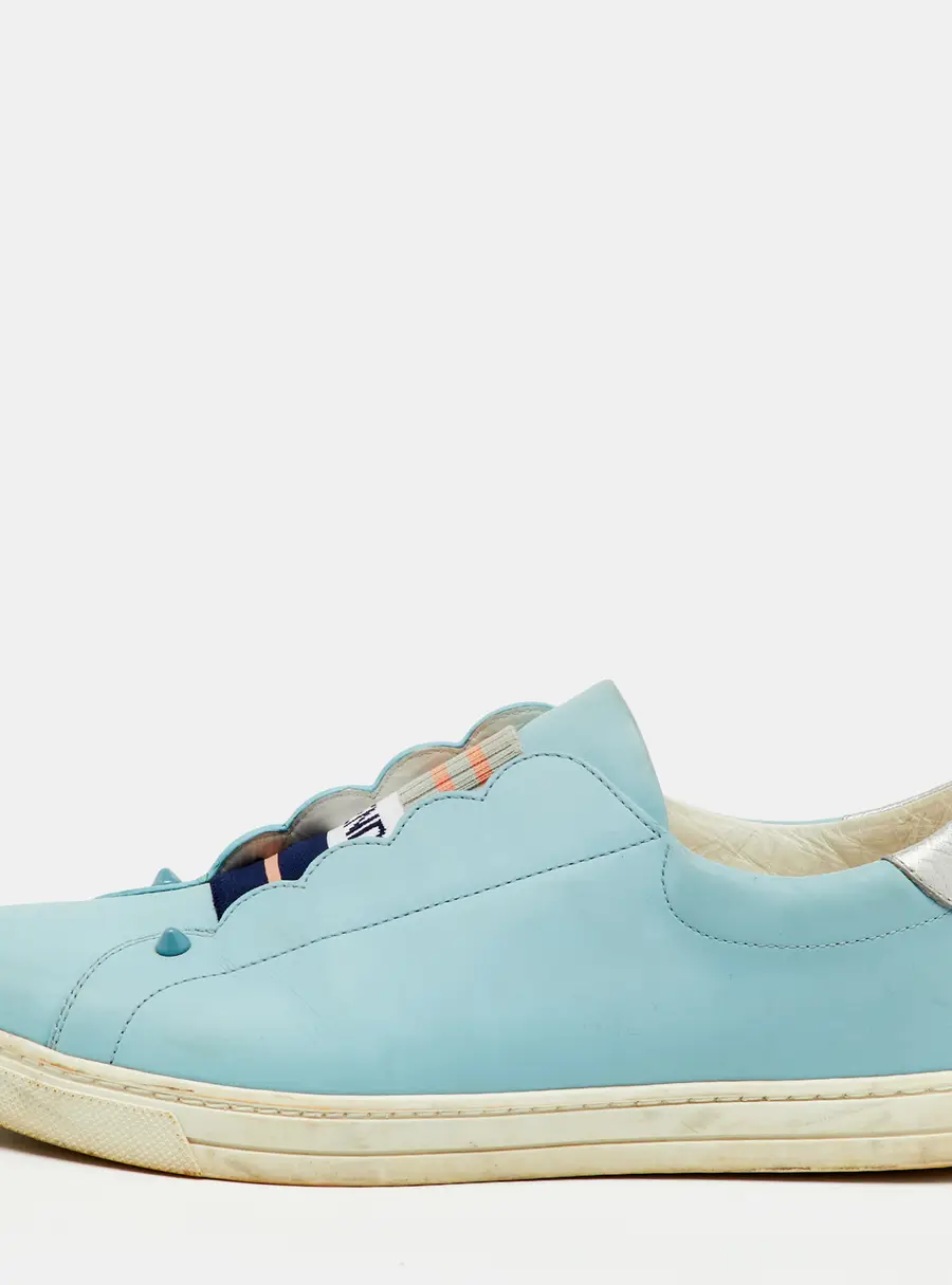 Fendi Light Blue/Silver Leather Rockoko Slip On Sneakers Size 41