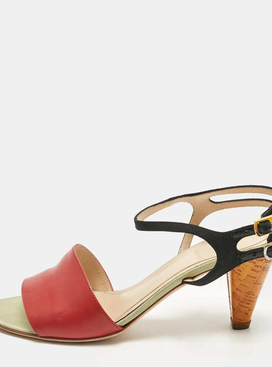 Fendi Multicolor Fabric and Leather Cork Ankle Strap Sandals Size 36
