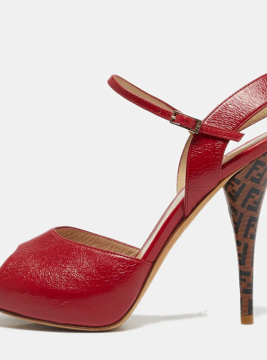 Fendi Red Leather Zucca Print Heel Peep Toe Ankle Strap Sandals Size 38