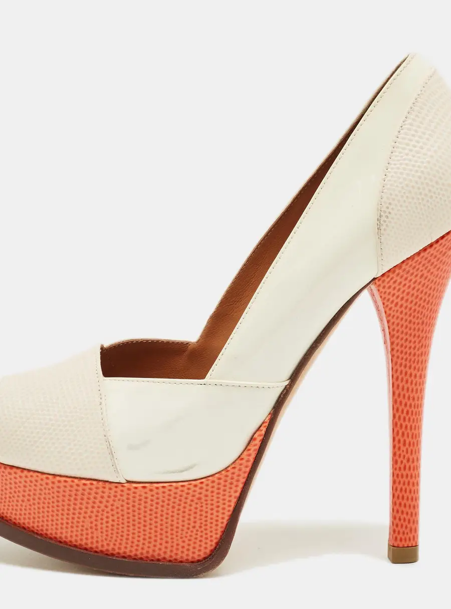 Fendi Fendista Size 37.5 Multicolor Lizard Embossed Leather and Patent Leather Peep Toe Pumps