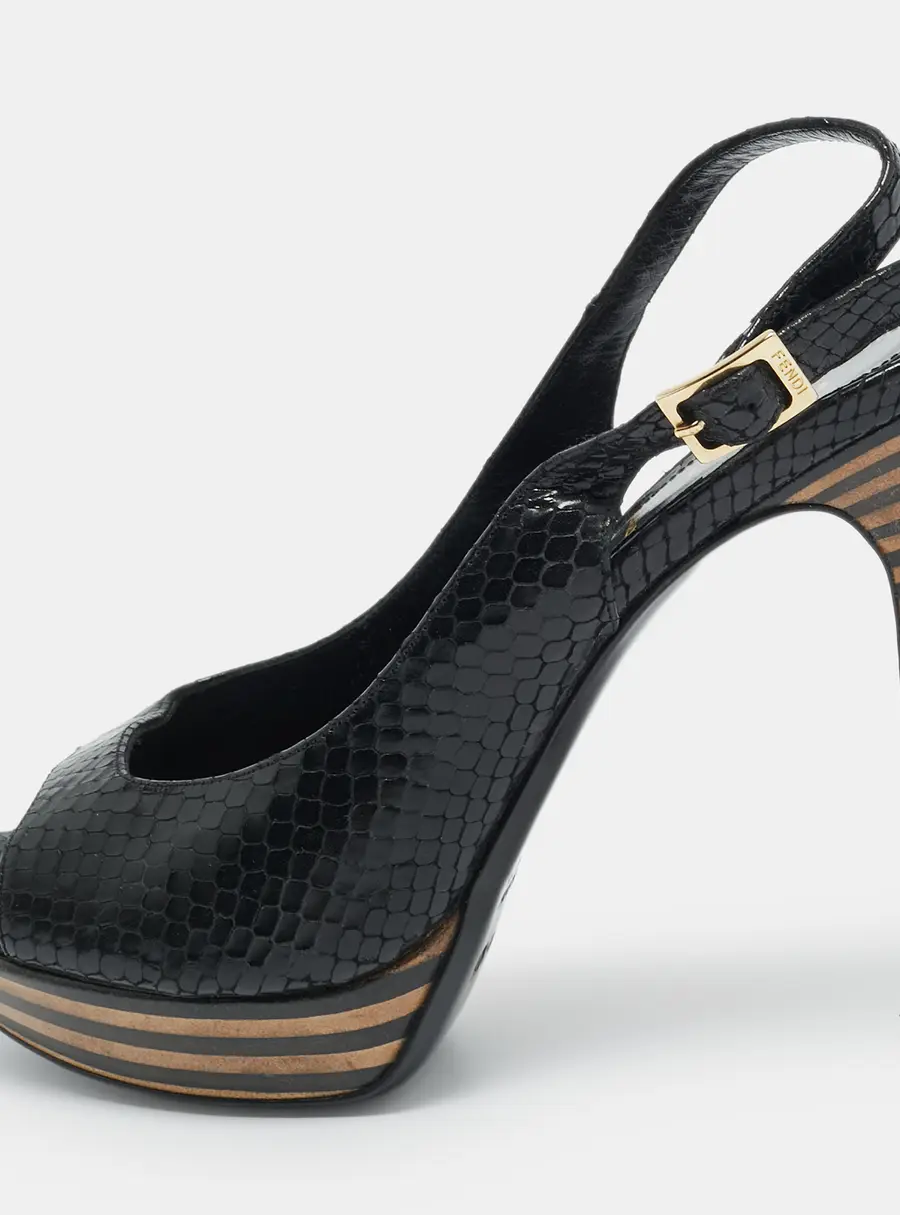 Fendi Black Python Embossed Leather Ankle Strap Sandals Size 38
