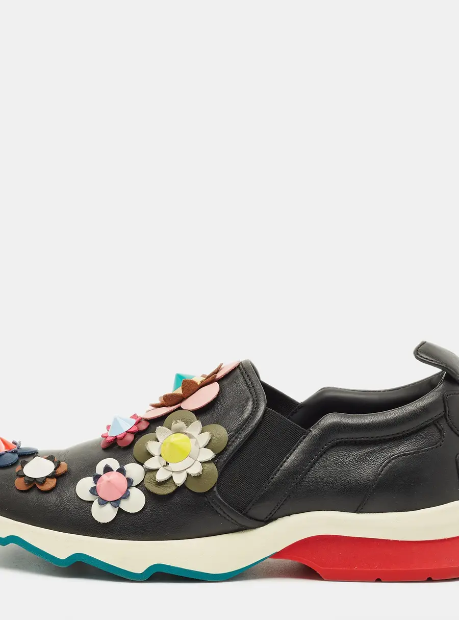 Fendi Flowerland Size 37 Black Leather Slip On Sneakers
