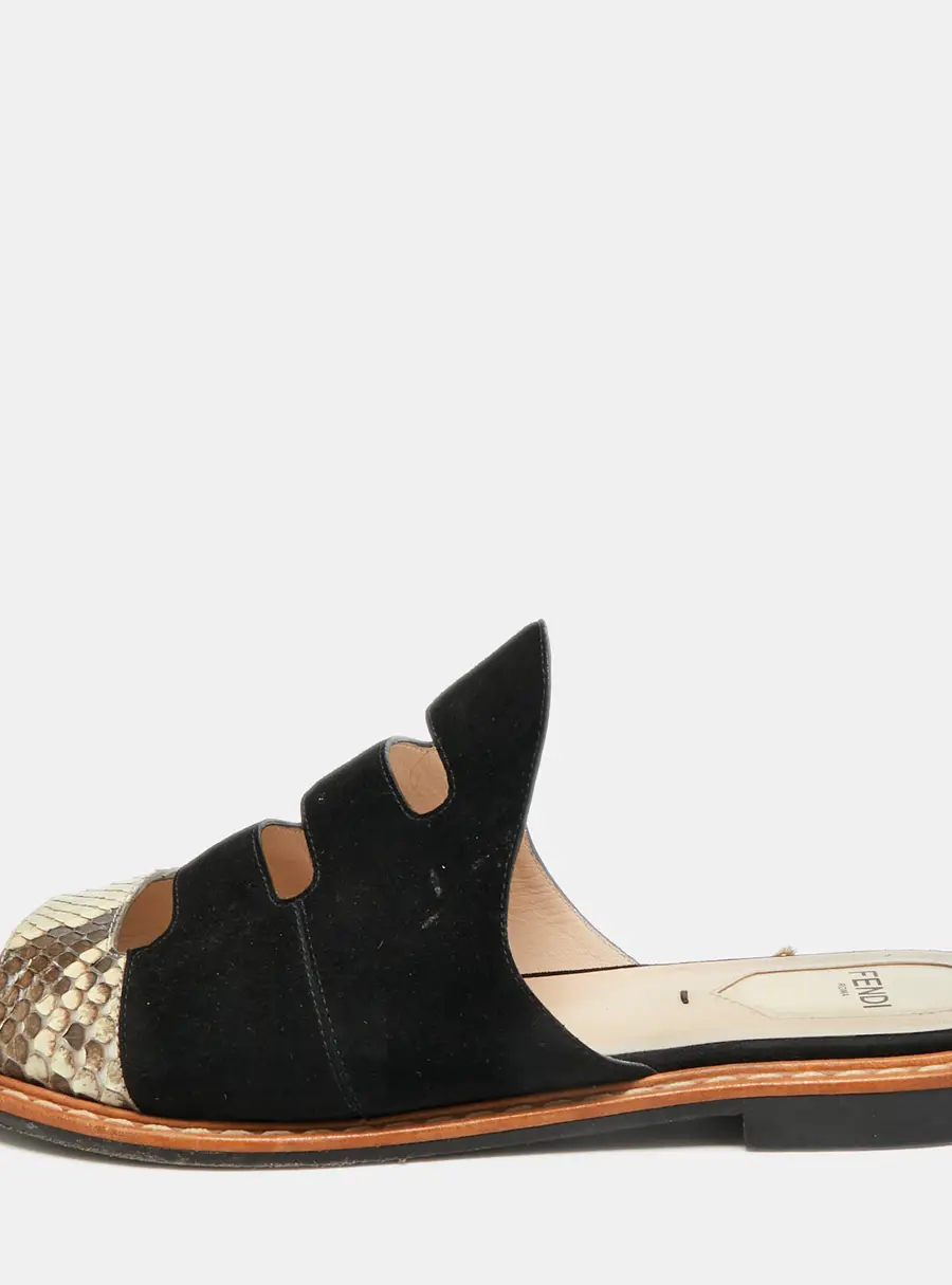 Fendi Size 38.5 Black/Brown Suede and Python Cut Out Flat Slides