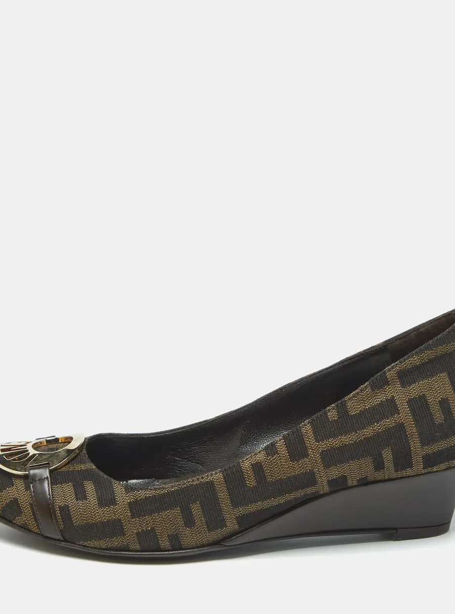 Fendi Zucca Size 36 Brown Monogram Canvas and Leather Wedge Pumps