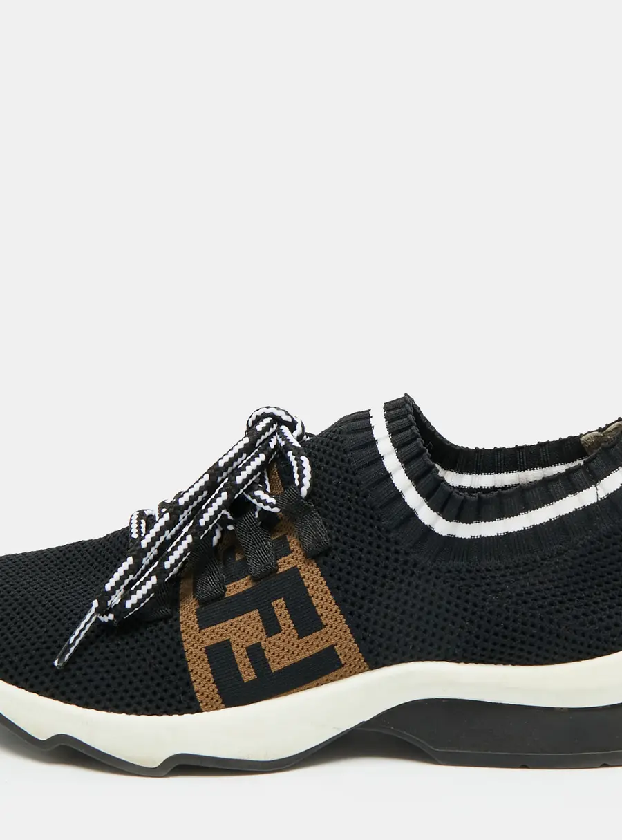 Fendi Rockoko Size 37.5 Black/Brown Knit Fabric Low Top Sneakers
