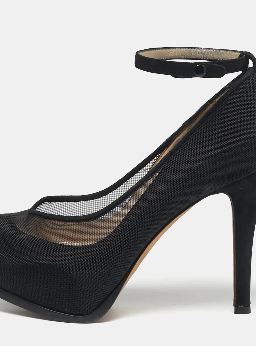 Fendi Size 38 Black Mesh and Suede Platform Ankle Strap Pumps