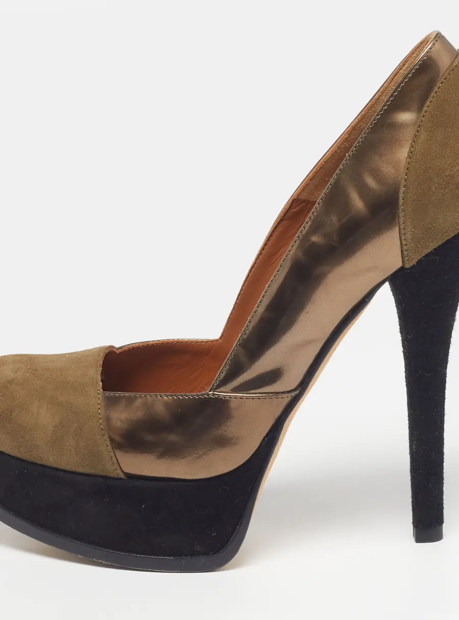 Fendi Fendista Size 38 Green /Gold Leather and Suede Platform Pumps