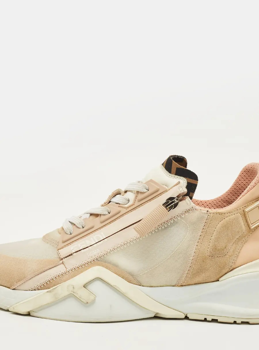 Fendi Flow Size 39.5 Beige/White Fabric and Suede Lace Up Sneakers