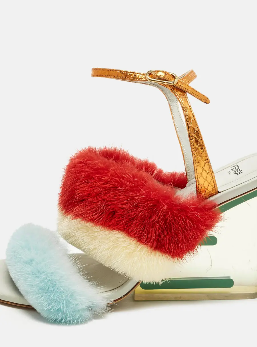 Fendi fendi first Size 39 Multicolor Leather Mink Fur and Python Embossed Leather Wedge Sandals